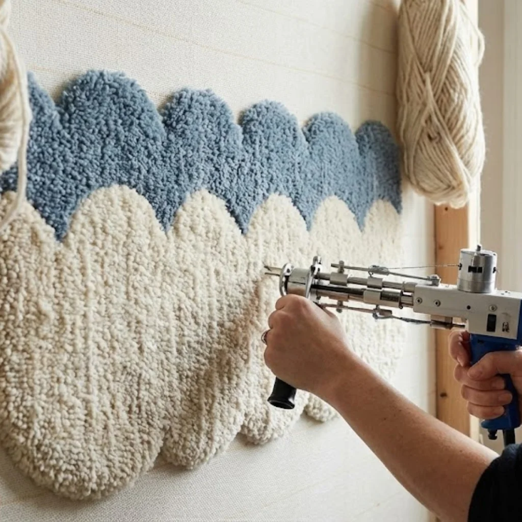 A close up view of the hand tufting process showing an artisan using a tufting gun to create the precise curves and borders of a blue and cream scalloped wool rug.