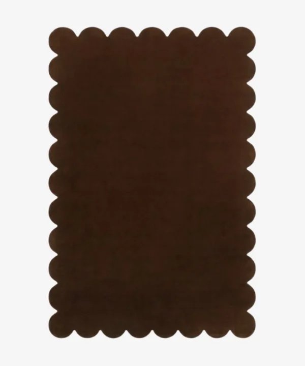 Top down view of the dark brown Cocoa Earth hand tufted wool rug showing the rectangular shape and scalloped edges. | Scalloped Rugs