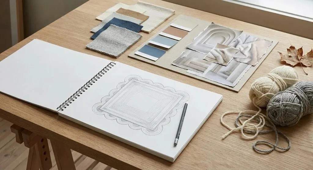 Open sketchbook showing a hand drawn scalloped rug design on a wooden desk with soft wool yarn and color swatches symbolizing the start of the artisan craft process.