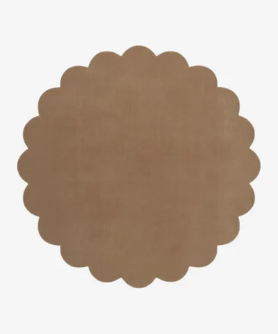 Top down view of the circular Sandstone taupe brown hand tufted wool rug on a white background showing the scalloped border.