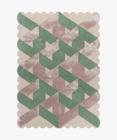 Top down view of the Blushed Olive rug against a white background, featuring a complex repeating geometric interlocking pattern in shades of olive green and blush pink on a cream background, framed by a continuous cream scalloped border.