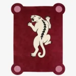 Flat-lay top view of the Crimson Prowl designer area rug highlighting its rectangular shape, vintage panther graphic, and detailed color contrast.