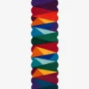 Top down view of the Dash Prism runner rug on a white background, featuring a vibrant geometric design of overlapping colorful triangles in bold red, blue, green, and yellow tones with custom shaped edges.