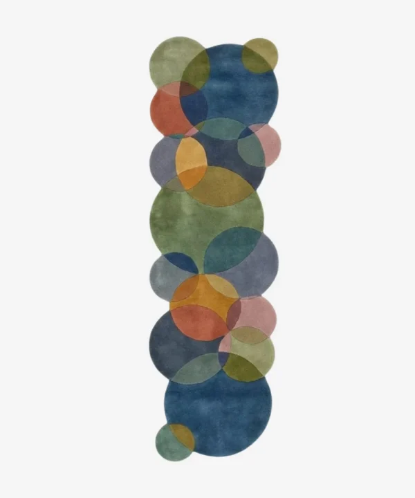 Top down view of the Eucalyptus Veil runner rug on a white background, displaying a modern abstract pattern of interlocking circles in calming pastel and earth tones with scalloped edges.