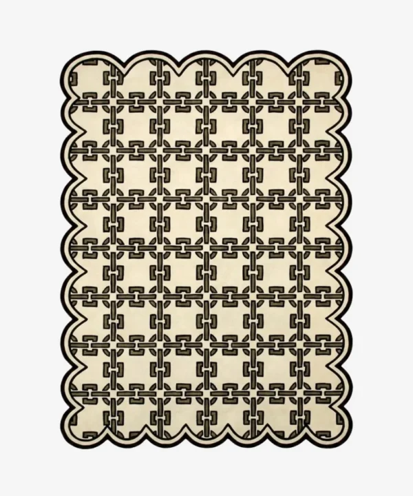 Top down view of the Heritage Lattice rug featuring a sophisticated cream wool background with an intricate dark brown interlocking geometric chain pattern and custom scalloped edges.