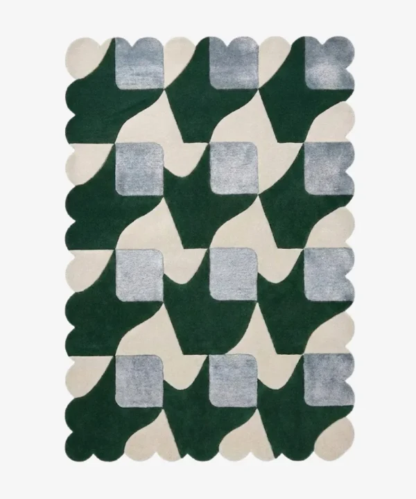 Top-down view of the Moss Rhythm square rug against a white background, featuring a repeating geometric patchwork pattern of squares and rectangles in varying shades of earthy green and subtle grey, framed by a continuous solid green scalloped border.