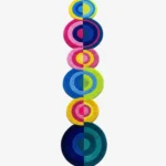 Top down view of the Pastel Pop Rings runner rug on a white background, featuring a playful vertical stack of concentric circles in varying sizes and bright pastel hues of pink, blue, yellow, and green.