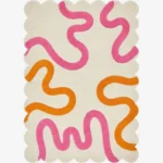 Top down view of the Peach Giggle rug featuring a soft cream background with playful abstract squiggly lines in bright pink and orange.