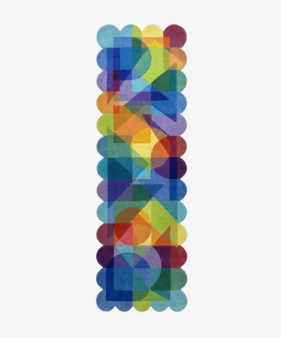 Top down view of the Prism Cascade runner rug on a white background, featuring a bold Bauhaus-inspired design with colorful translucent-effect shapes and custom scalloped edges.