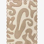 Top down view of the Sand Drift rug against a white background, featuring flowing, organic abstract shapes in solid beige on a cream background, framed by a continuous, undulating scalloped border.