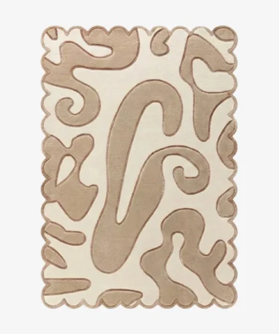 Top down view of the Sand Drift rug against a white background, featuring flowing, organic abstract shapes in solid beige on a cream background, framed by a continuous, undulating scalloped border.
