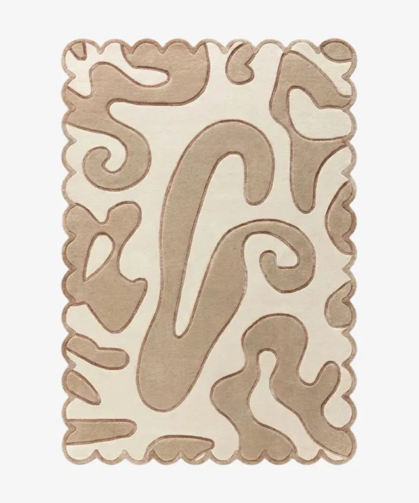 Top down view of the Sand Drift rug against a white background, featuring flowing, organic abstract shapes in solid beige on a cream background, framed by a continuous, undulating scalloped border.