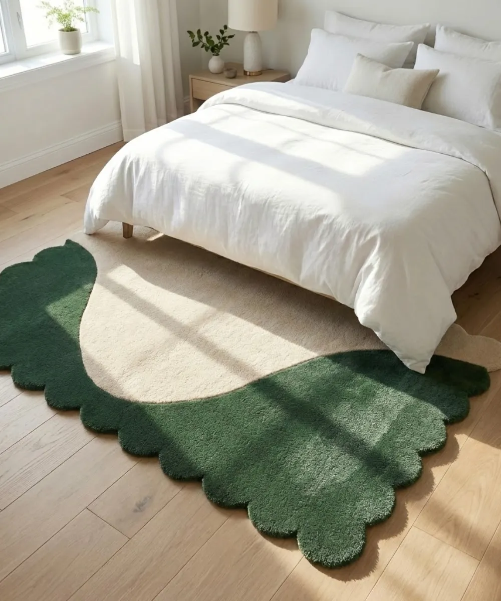 Lifestyle photography for the ScallopedRugs Bedroom collection featuring a cream hand tufted rug with a thick deep green scalloped border placed under a white bed in a sunlit room.
