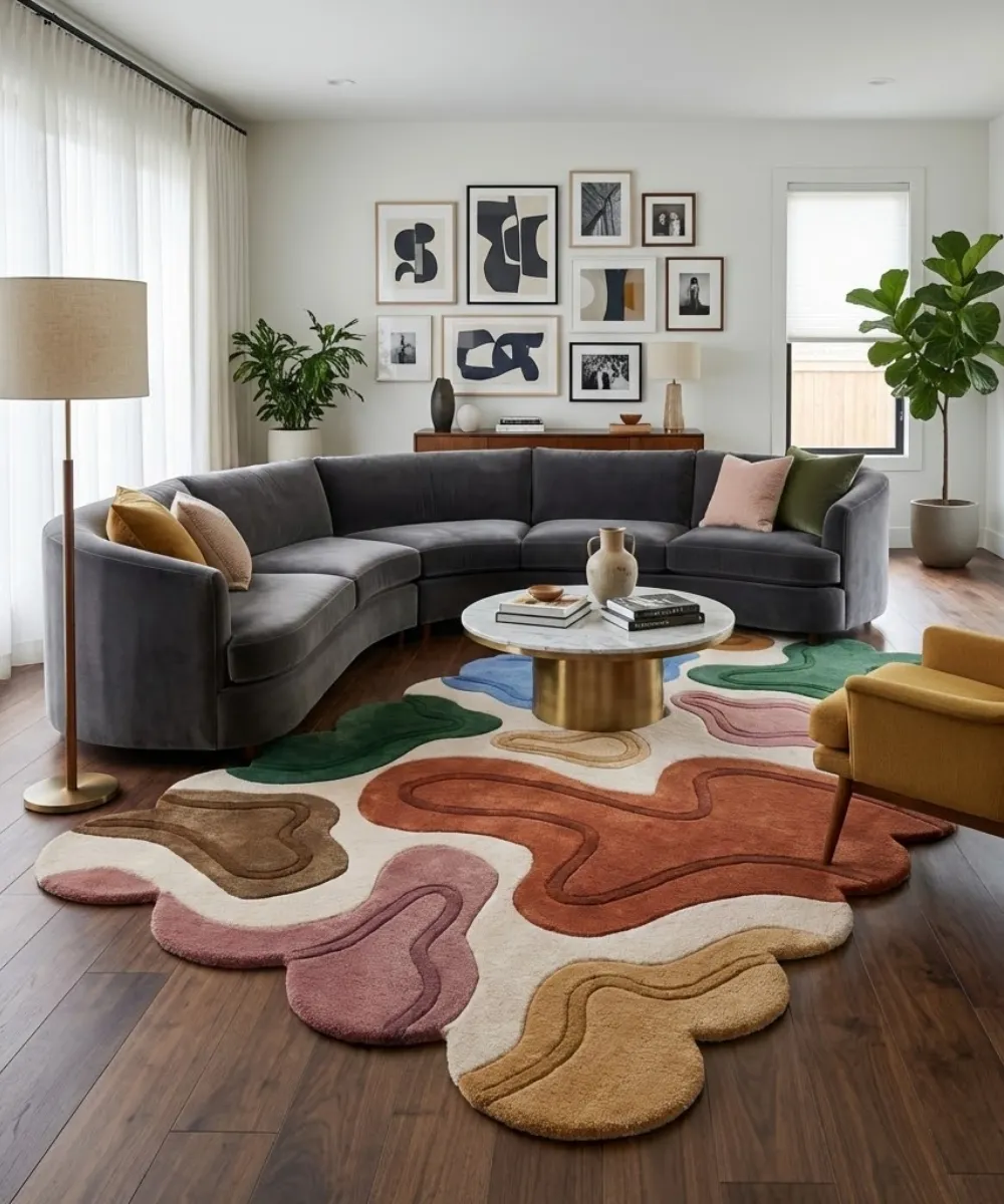 Lifestyle photography for the ScallopedRugs Multicolor collection featuring a large irregular shaped abstract rug with organic rust green and yellow zones styled in a modern living room with a curved sectional sofa.