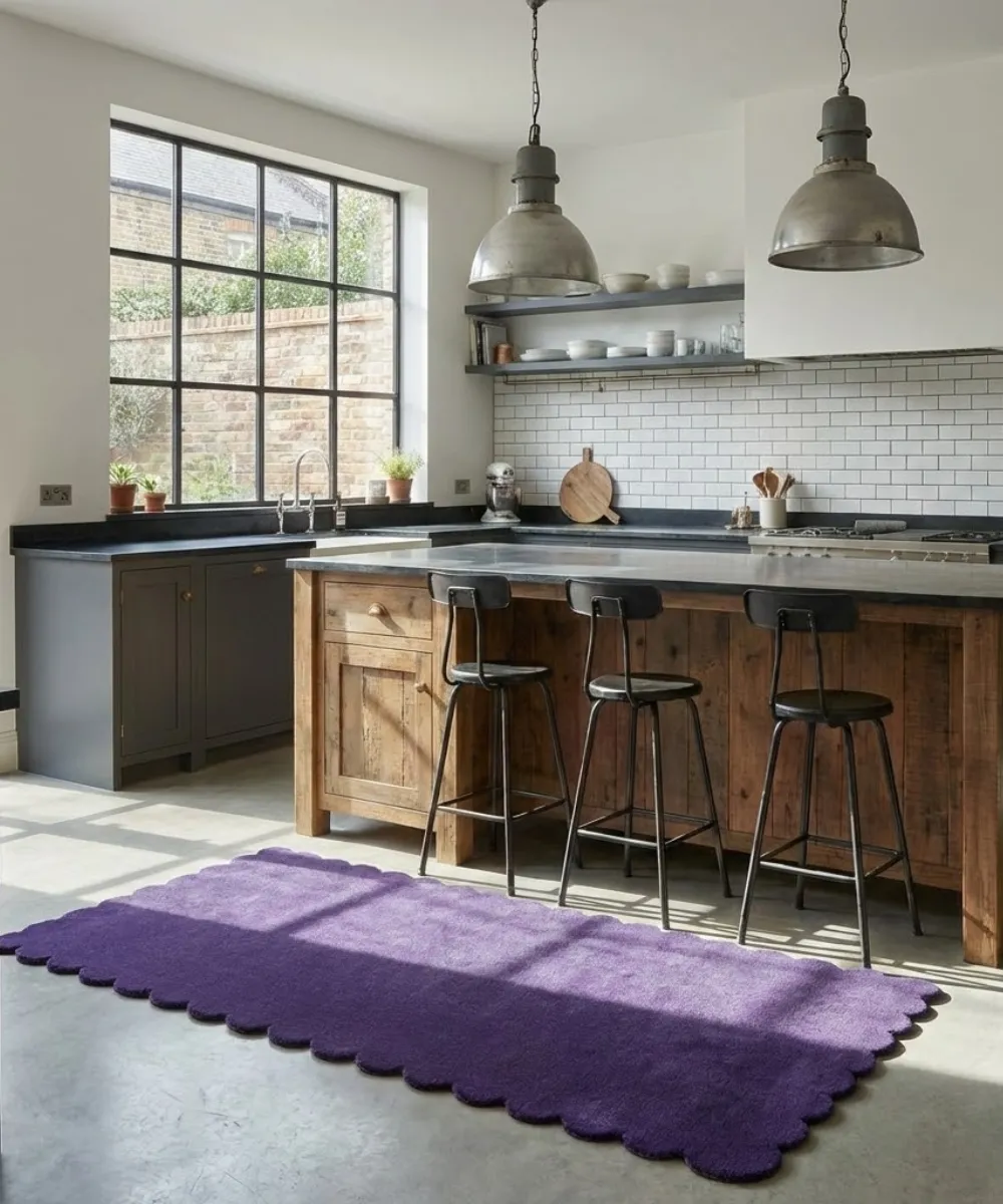 Lifestyle interior shot for the ScallopedRugs Kitchen collection featuring a solid purple wool runner with custom wavy borders placed on a concrete floor in front of a rustic wooden island.