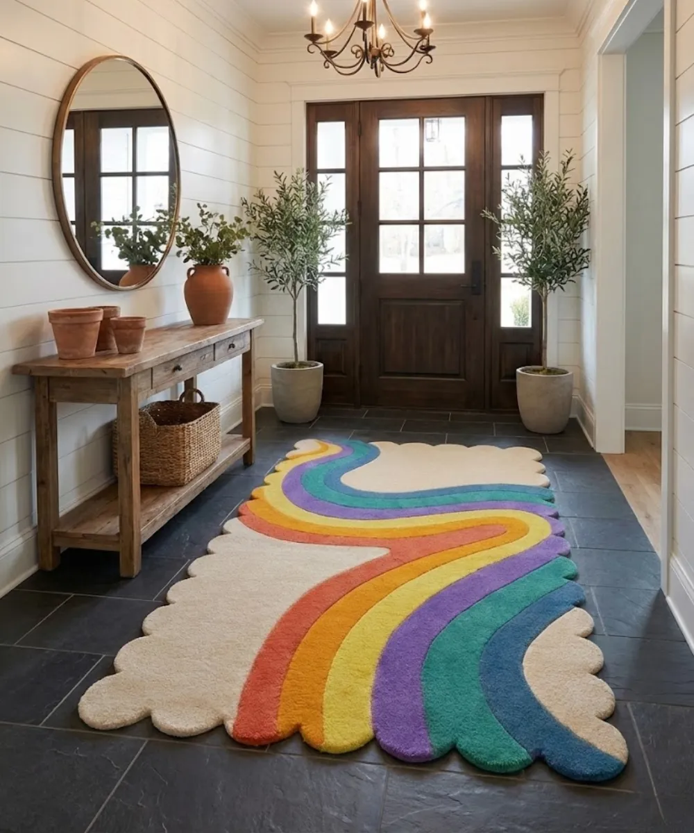 Lifestyle photography for the ScallopedRugs Runner collection showing a cream wool runner with a vibrant rainbow wavy design creating a bright contrast against dark slate tile flooring in a classic foyer.
