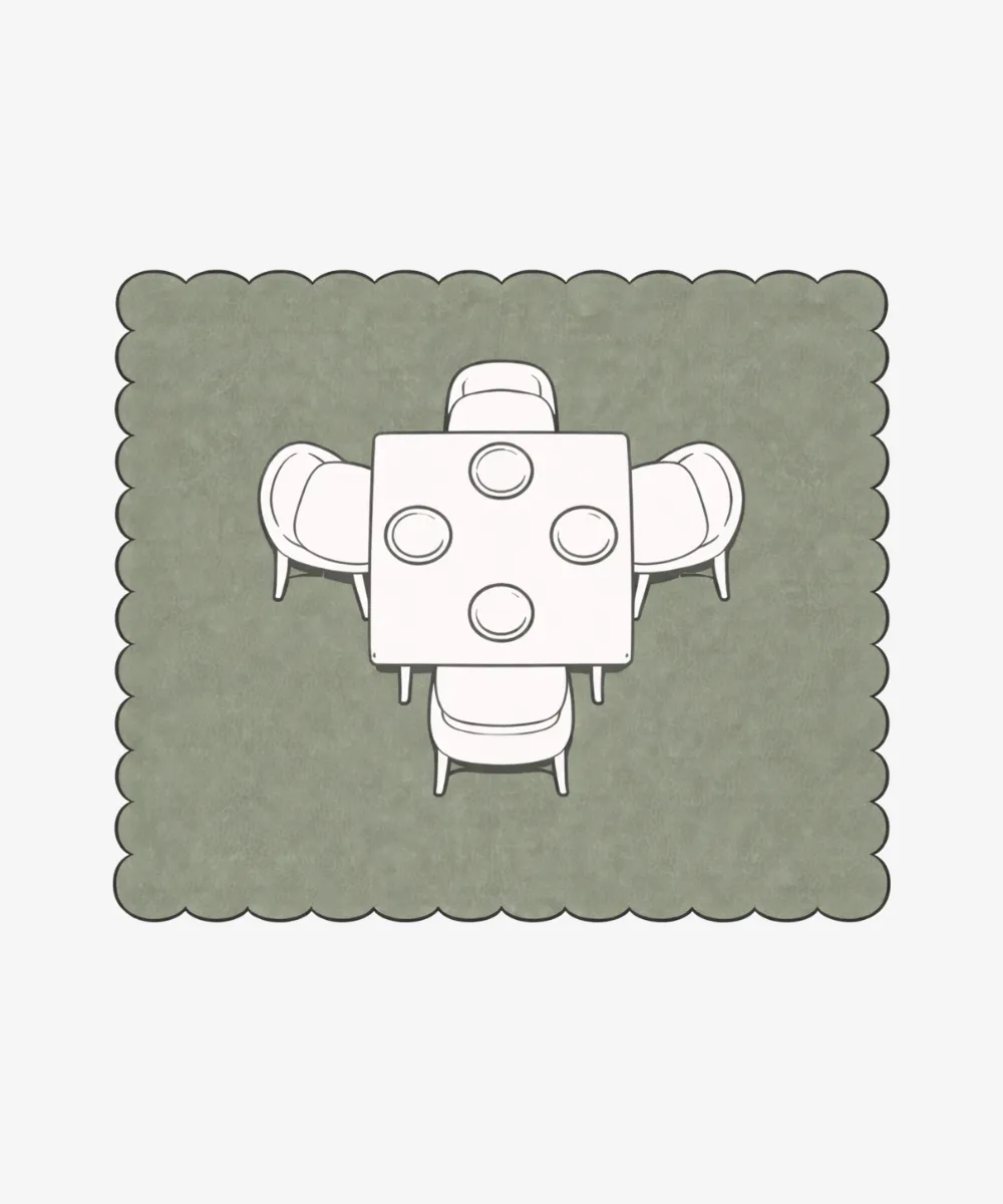 Layout illustration for the ScallopedRugs square category showing a square dining table with four chairs centered on a green scalloped rug to demonstrate ideal dining room fit.