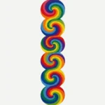 Top-down view of the Spectrum Rings runner rug against a white background, featuring a series of linked circles with a vibrant rainbow spiral pattern in red, orange, yellow, green, blue, and purple, which naturally forms a continuous scalloped outer edge.