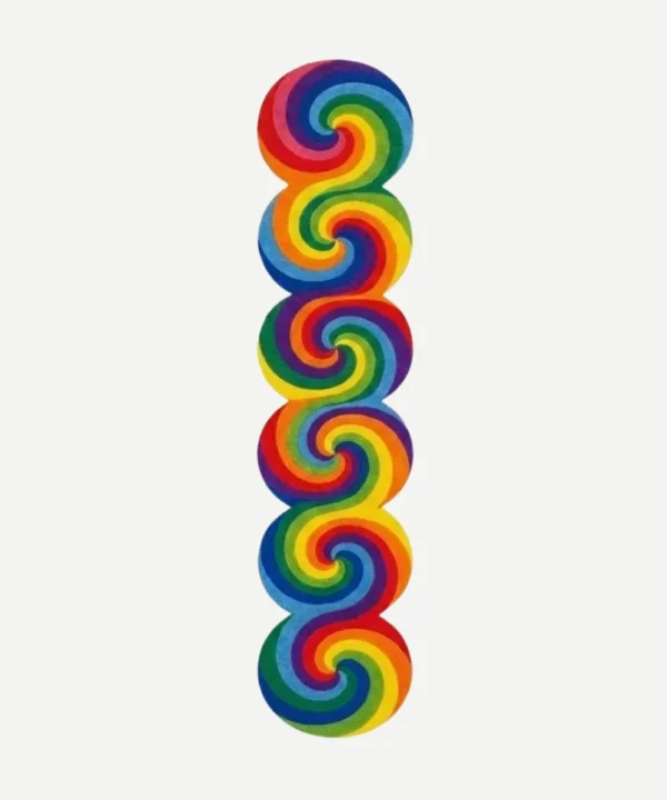 Top-down view of the Spectrum Rings runner rug against a white background, featuring a series of linked circles with a vibrant rainbow spiral pattern in red, orange, yellow, green, blue, and purple, which naturally forms a continuous scalloped outer edge.