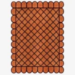 Top down view of the Terracotta Grid rug featuring a warm orange wool background with a bold dark brown square grid pattern and custom scalloped edges.
