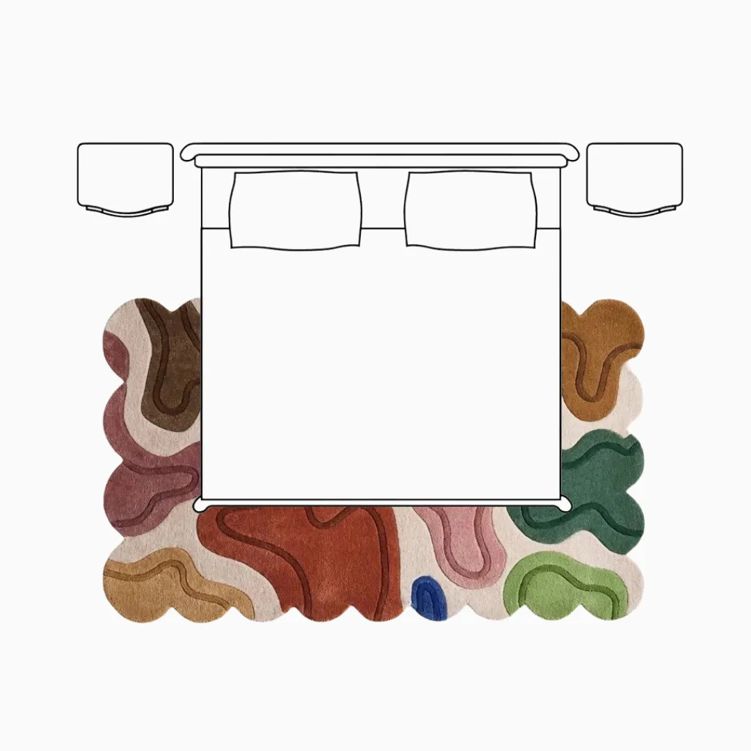 Top down diagram of a bedroom layout showing an 8x10 colorful abstract rug placed under the lower two-thirds of the bed, extending beyond the sides and footboard to anchor the space.