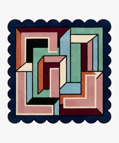 Top down view of the Arched Junction Square rug featuring a modern geometric design where soft curved arches intersect with structured lines in high-quality wool.