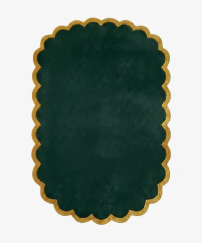 Top down view of the Forest Royale rug featuring a solid deep emerald green center framed by a luxurious gold scalloped border.