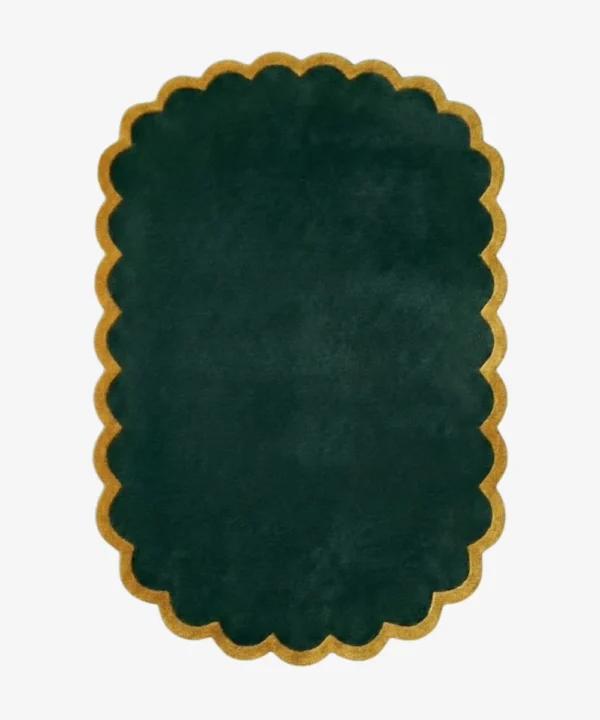 Top down view of the Forest Royale rug featuring a solid deep emerald green center framed by a luxurious gold scalloped border.