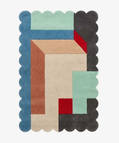 Top down view of the Gentle Pulse rug featuring a soothing wool background with a rhythmic wavy pattern representing a gentle pulse, finished with custom scalloped edges.