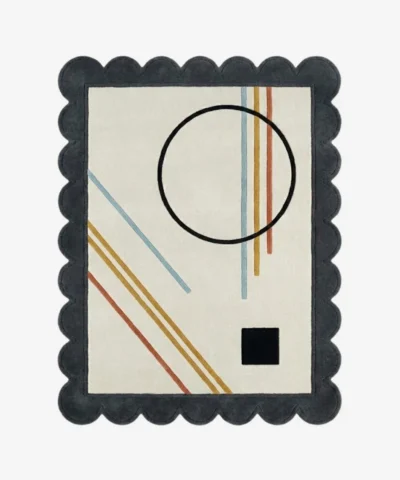 Top down view of the Incorix rug featuring a sophisticated modern geometric pattern with clean lines in high-quality wool, finished with custom scalloped edges.