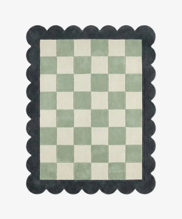 Top down view of the Lune Mist rug featuring a serene grey and off-white wool background with abstract crescent-inspired curves, finished with custom scalloped edges.