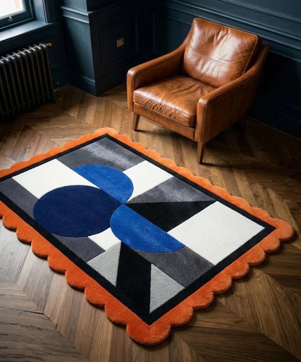 Top down view of the Noctra Apex rug featuring a bold geometric composition with deep blue semi-circles, grey triangles, and black and white accents, finished with a vibrant orange scalloped border.