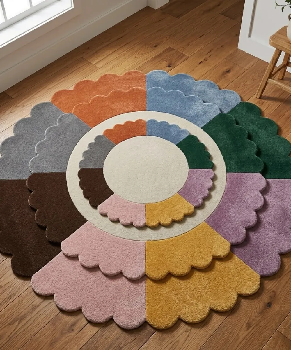 Stack of round scalloped rugs in various colors and sizes on a wooden floor, illustrating shop by size options.
