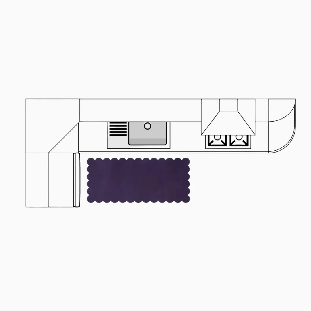 Top down diagram of a small L-shaped kitchen layout showing a 2x3 or 2x4 scalloped rug placed directly in front of the sink area, illustrating the perfect placement for a standing comfort mat.