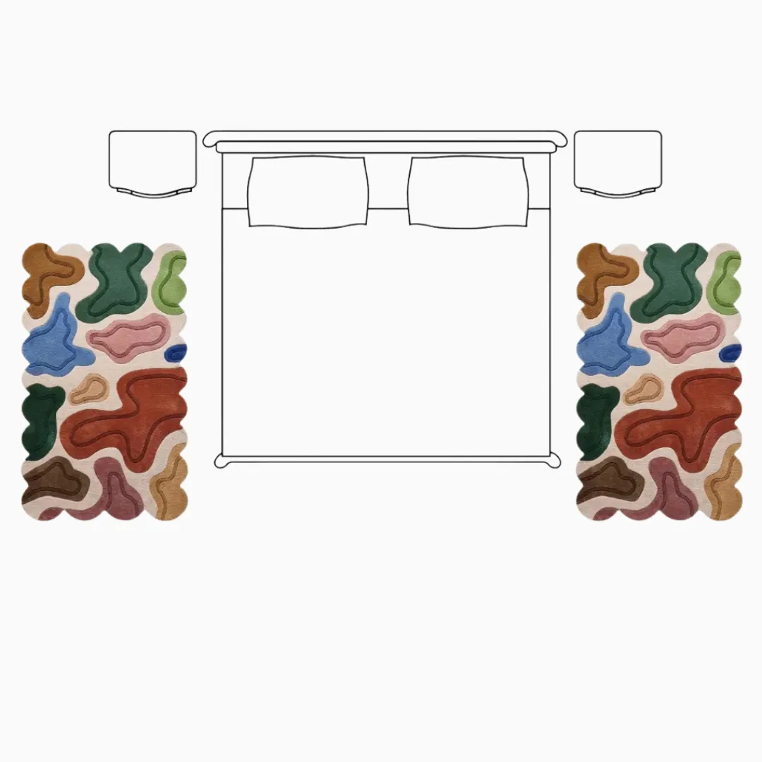 Top down diagram of a bedroom layout showing a large bed with two 3x5 colorful abstract rugs placed on either side as stylish bedside runners.