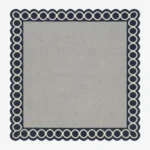 Top-down view of the Chain Frame square rug featuring a solid light grey center field framed by a bold navy blue border with interlocking white circular chain links.