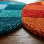 Close-up, low-angle detail of the Chromatic Stack rug resting on a wooden floor, highlighting the thick, dense hand-tufted wool pile and the crisp junction where the teal and orange circular segments meet.