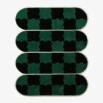 Top-down view of the Verdure Drift rug, featuring four horizontally stacked, pill-shaped segments defined by crisp cream borders, filled with a distorted, wavy checkerboard pattern in emerald green and black.