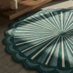 A close-up, angled shot of the Emerald Sunburst Round Rug resting on a concrete floor next to a wooden floating shelf. A beam of sunlight emphasizes the thick, tufted yarn texture of the emerald green scalloped edges and the crisp cream and teal radiating lines.