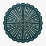 A top-down, flat view of the Emerald Sunburst Round Rug isolated on a clean white background. The design showcases a central green circle with radiating teal, emerald, and cream sunburst stripes, surrounded by a thick, scalloped dark green border.