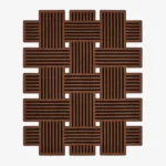 Custom-shaped Basket Weave rug isolated on a white background, featuring a geometric intertwined pattern of solid brown and black lines with open cut-outs.