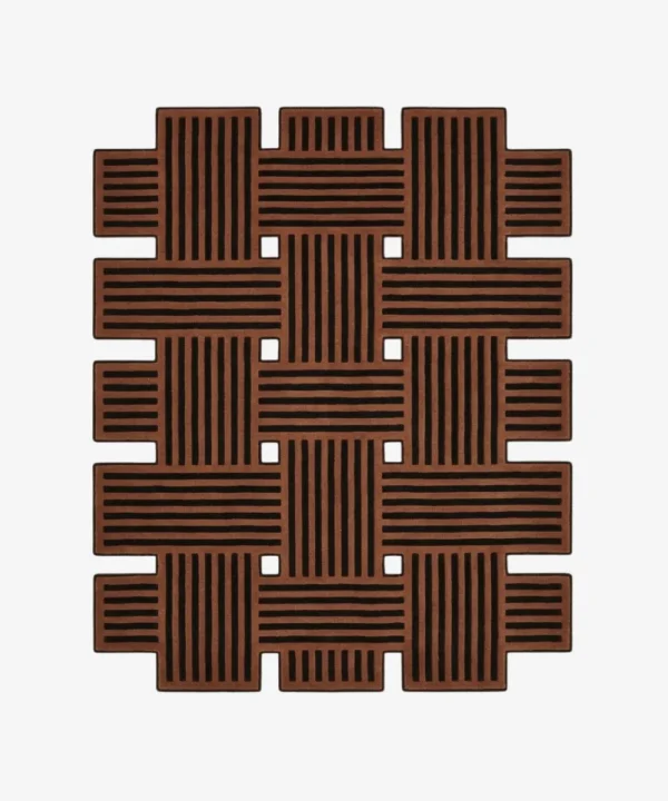 Custom-shaped Basket Weave rug isolated on a white background, featuring a geometric intertwined pattern of solid brown and black lines with open cut-outs.