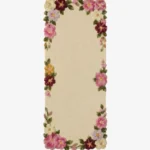 Top-down view of the off-white Blossom Border Runner Rug featuring a decorative edge of hand-tufted pink, burgundy, and yellow flowers with green leaves.
