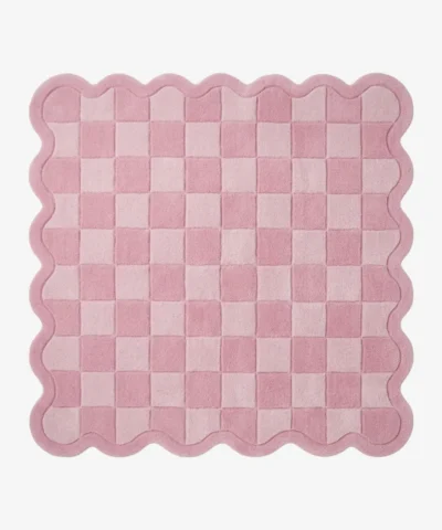 Top-down view of the Bubblegum Mosaic rug isolated on a white background, displaying the perfect square shape and wavy scalloped border.