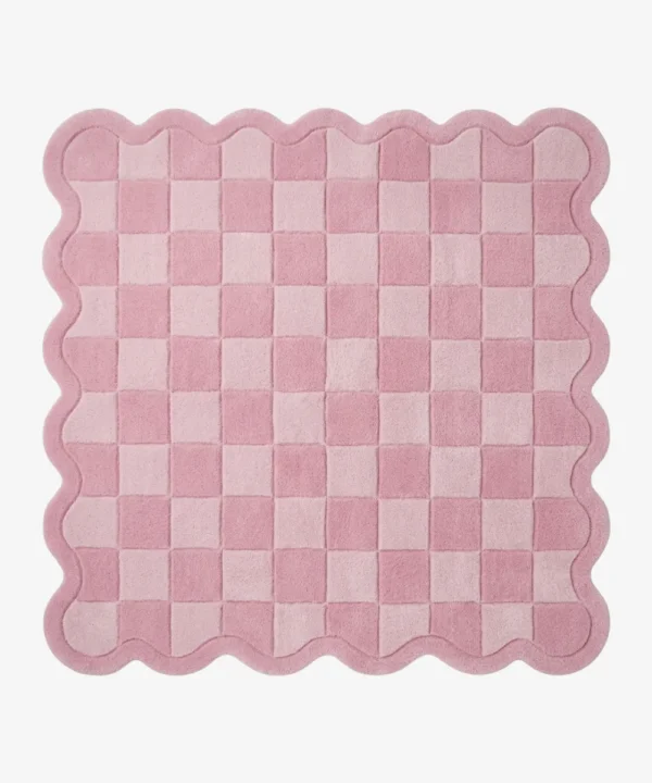 Top-down view of the Bubblegum Mosaic rug isolated on a white background, displaying the perfect square shape and wavy scalloped border.