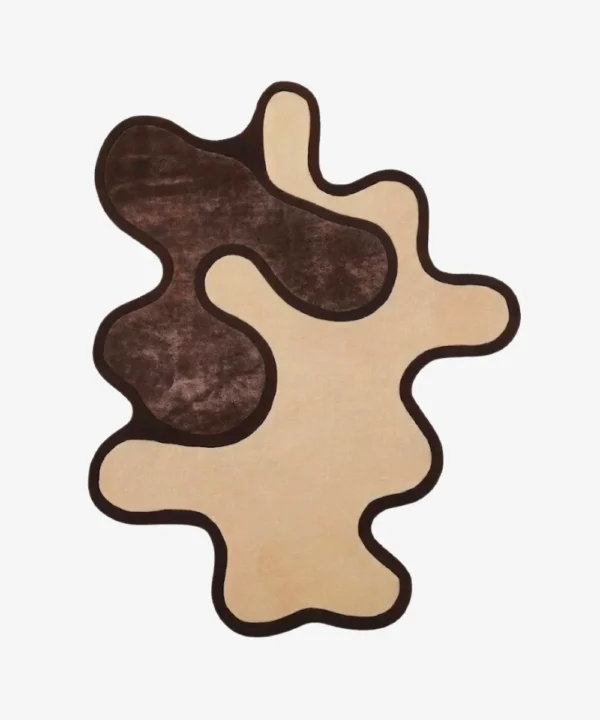 Top-down view of the Contour Flow rug isolated on a white background, featuring a fluid, abstract silhouette with interlocking organic shapes in dark brown and off-white.