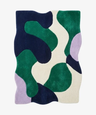 Full top-down view of the Emerald Mosaic rug isolated against a white background, showcasing its custom wavy borders and flat colorful geometric pattern.