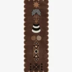 Top-down view of the Espresso Nomad runner rug, featuring a rich brown base with intricate tribal symbols, geometric patterns, and a scalloped border.