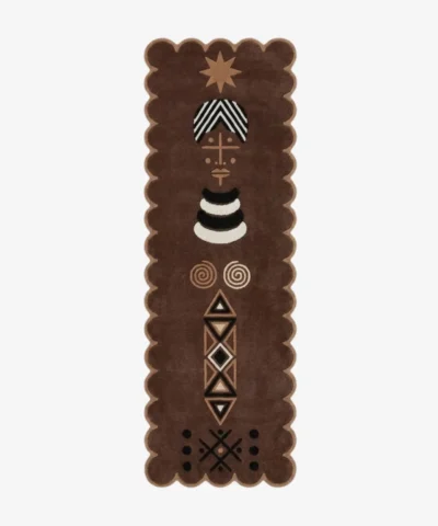 Top-down view of the Espresso Nomad runner rug, featuring a rich brown base with intricate tribal symbols, geometric patterns, and a scalloped border.