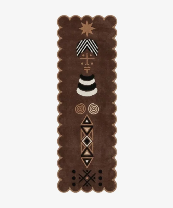 Top-down view of the Espresso Nomad runner rug, featuring a rich brown base with intricate tribal symbols, geometric patterns, and a scalloped border.